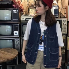 牛仔马甲女春秋韩版宽松bf百搭外穿学生V领工装复古无袖上衣外套