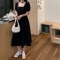 茶歇小黑裙方领夏季新款韩版洋气大码女裙纯色过膝短袖连衣裙减龄轮播图2