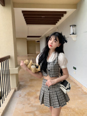 CreamySweet 假日公主 醋酸格子拼接假两件套装女学院风减龄套装