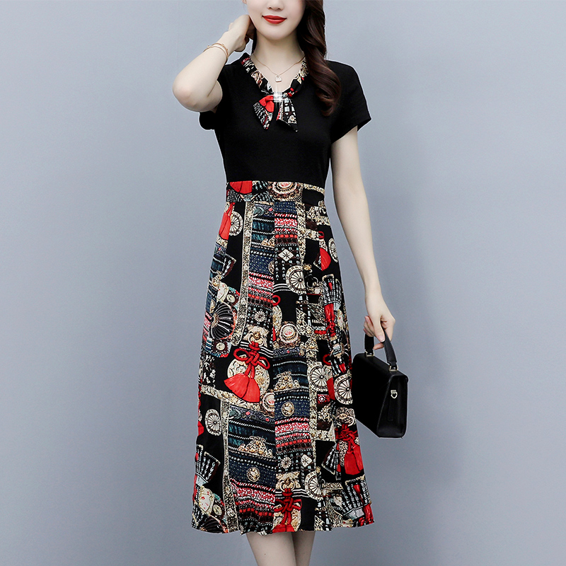 RY257# 2026新款洋气拼接显瘦时尚过膝短袖a字裙碎花中年妈妈连衣裙...