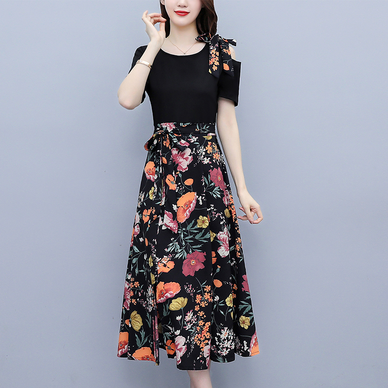MY321#新款洋气拼接显瘦时尚过膝短袖a字裙碎花连衣裙女夏女裝貨源服裝批發
