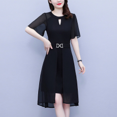 批发职场女装大码胖mm修身显瘦中长款镂空雪纺短袖遮肉显瘦连衣裙夏