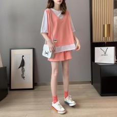 批发运动套装女夏季韩版假两件短裤短袖<b class='q'>运动服</b>休闲时尚宽松减龄两件套