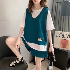 批发运动套装女夏季韩版假两件短裤短袖<b class='q'>运动服</b>休闲时尚宽松减龄两件套