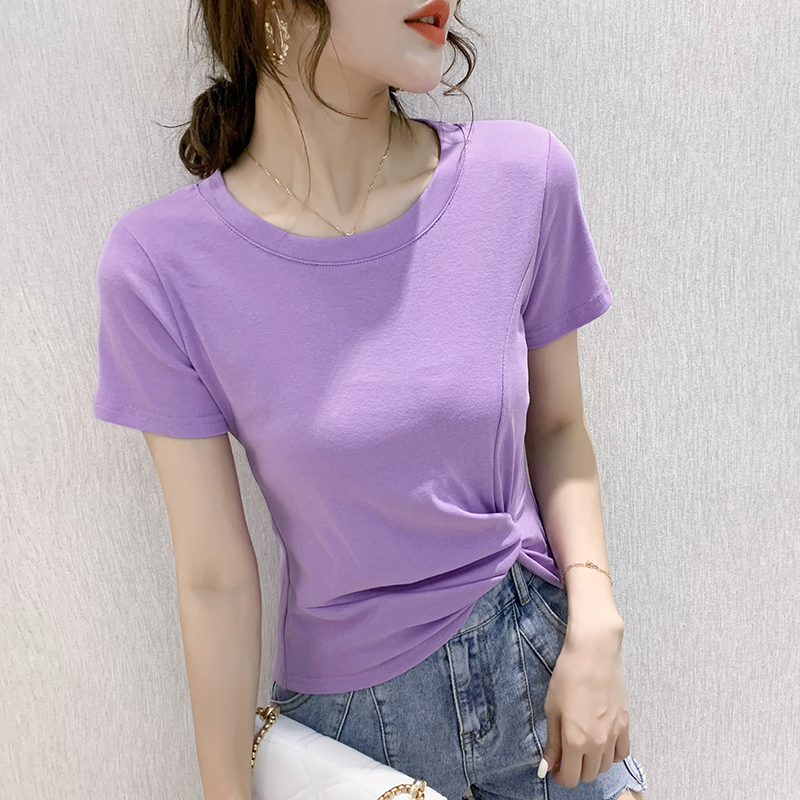 여름 새로운 쇼트 스타일 반팔 티셔츠 여성 단색 몸매 가꾸기 다용도 반소매 동정 라운드 넥 칼라 맨위