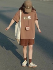 夏季酷盐系穿搭日系小个子原宿慵懒风潮牌T恤+灯芯绒短裤两件套装