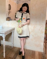 韩版 优雅气质赫本小香拼色针织连衣裙
