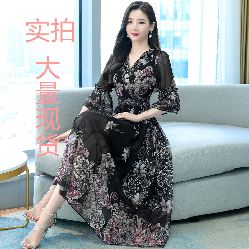 MY624#夏季新款气质V领荷叶边袖口收腰印花雪纺连衣裙女女裝貨源服裝批發