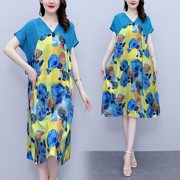 KM9635#连衣裙女夏装新款宽松复古印花裙子高端优雅气质长裙
