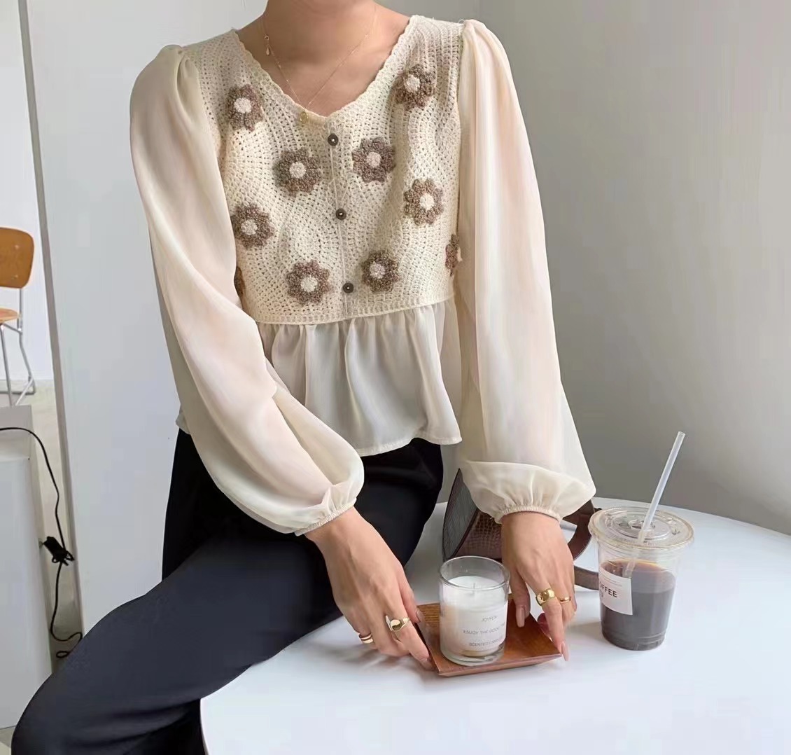 새로운 프랑스식 작은 대중 쇼트 스타일 다용도 니트 긴 소매 맨위 달콤함 부드러운 바람 홀로우 아웃 시폰 셔츠 여성