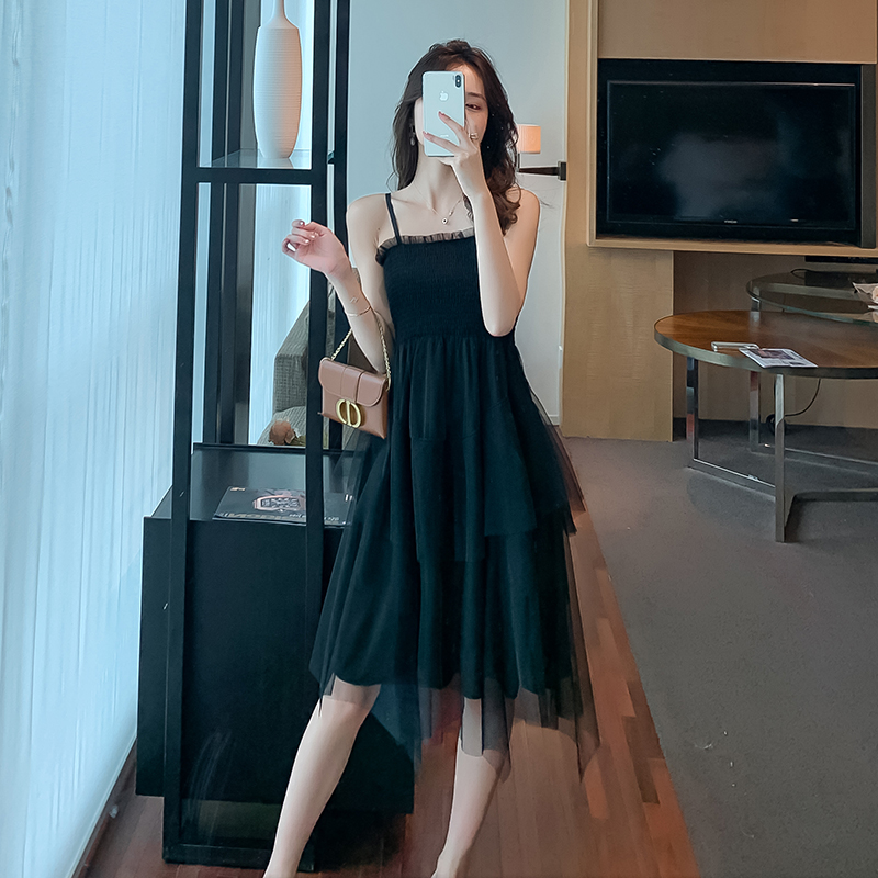 실사 년 새로운 프랑스식 허리 수축 밴딩 유연성 서리가 내린 바람 품격 요정 망사 슬립 여성 드레스
