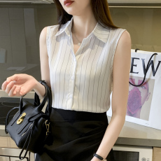 批发实拍洋气细条纹夏季坎肩<b class='q'>背心</b>女外穿衬衫无袖雪纺<b class='q'>打底</b>衫内搭上衣