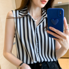 批发实拍洋气黑白条纹夏季坎肩<b class='q'>背心</b>女外穿衬衫无袖雪纺<b class='q'>打底</b>衫内搭上衣