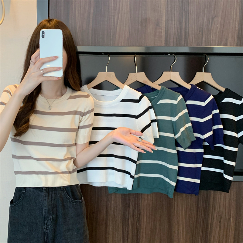 Real shot and real price ~ 2024 summer new Korean style slimming retro striped short-sleeved T-shirt knitted top for women