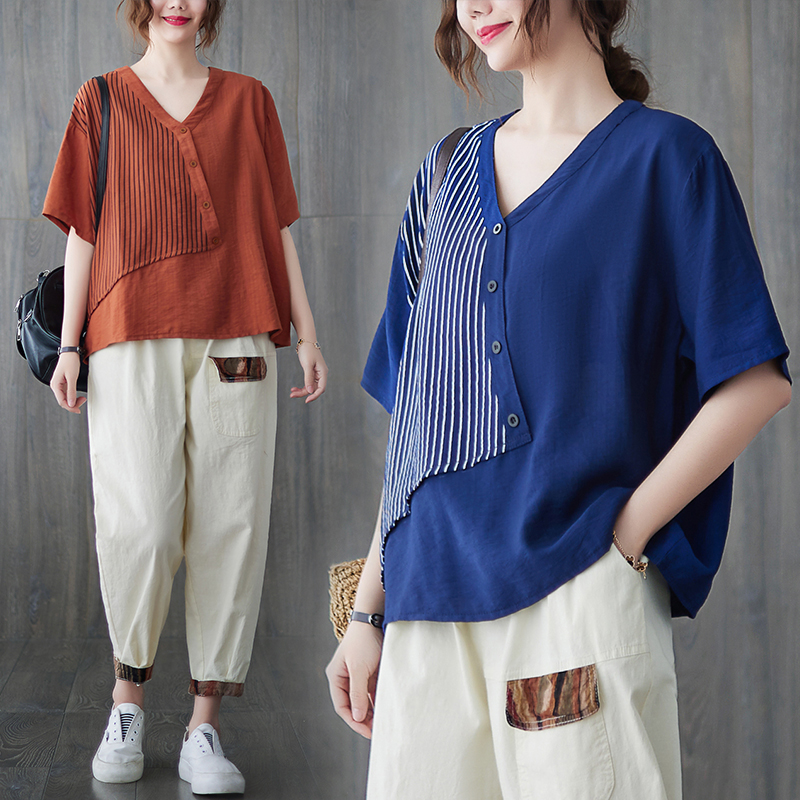 RY241# 实拍2026夏季新款文艺条纹宽松大码T恤胖MM大码女装上衣