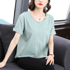批发实拍#2026年夏季新款纯色短袖V领t恤女百搭气质宽松<b class='q'>妈妈</b>装上衣