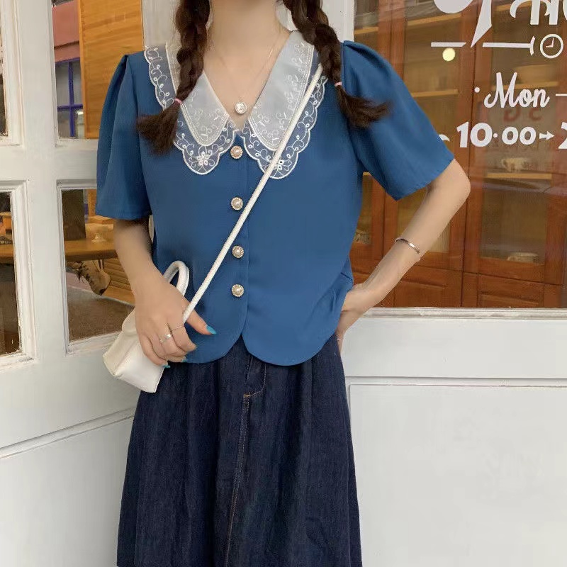 MY8446# 夏季法式娃娃领短款上衣甜美宽松短袖大码女装衬衫M-4XL200斤女裝貨源服裝批發