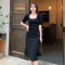 黑色连衣裙女2022年夏季新款方领收腰显瘦赫本风针织长裙轮播图2