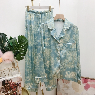 早安樊樊 奶泡碎冰蓝睡衣套装女2022春季新款绸缎宽松薄款家居服