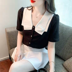 批发衬衫女夏26新款<b class='q'>娃娃领</b>上衣洋气减龄短袖T恤大码设计感小众<b class='q'>雪纺衫</b>