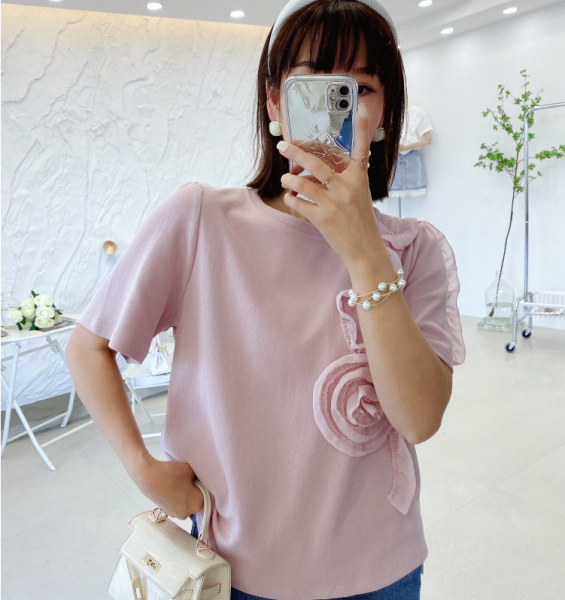 MY870#东大门夏季新款洋气甜美减龄纯棉短袖t恤女 立体蕾丝花朵上衣