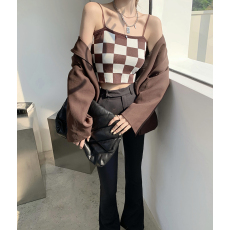 批发棋盘格针织吊带<b class='q'>格子</b><b class='q'>西装</b>内搭修身短款外穿一字肩抹胸背心上衣女秋