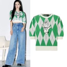 批发2022<b class='q'>杨颖</b>杨幂<b class='q'>同款</b>绿色格纹撞色卡通图案针织短袖上衣