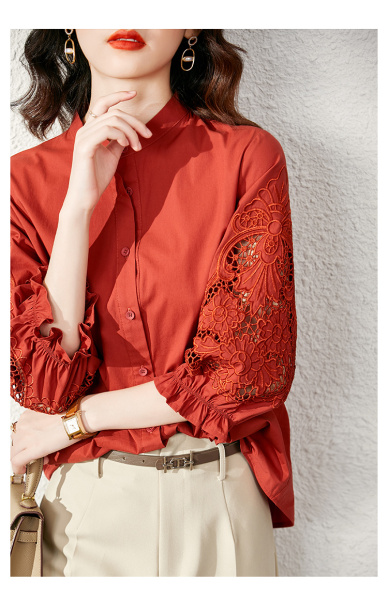 MY1076#红色刺绣棉布衬衫女设计感小众2022春季立领衬衣七分袖上衣