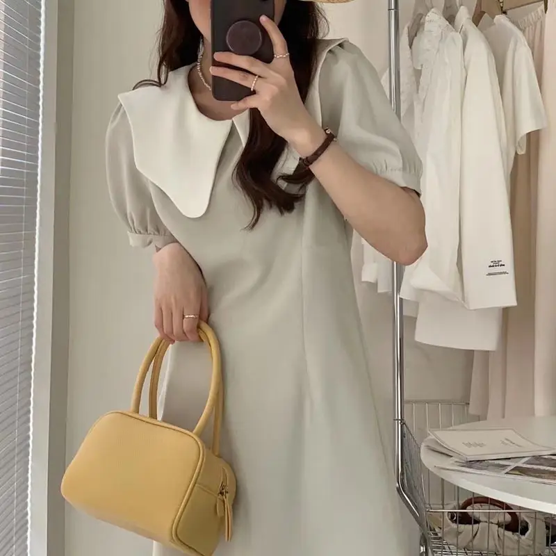 여성용 파도 넥라인 컬러 블록 원피스 상세 이미지 2
