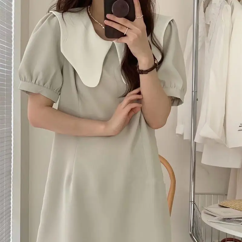 여성용 파도 넥라인 컬러 블록 원피스 상세 이미지 3