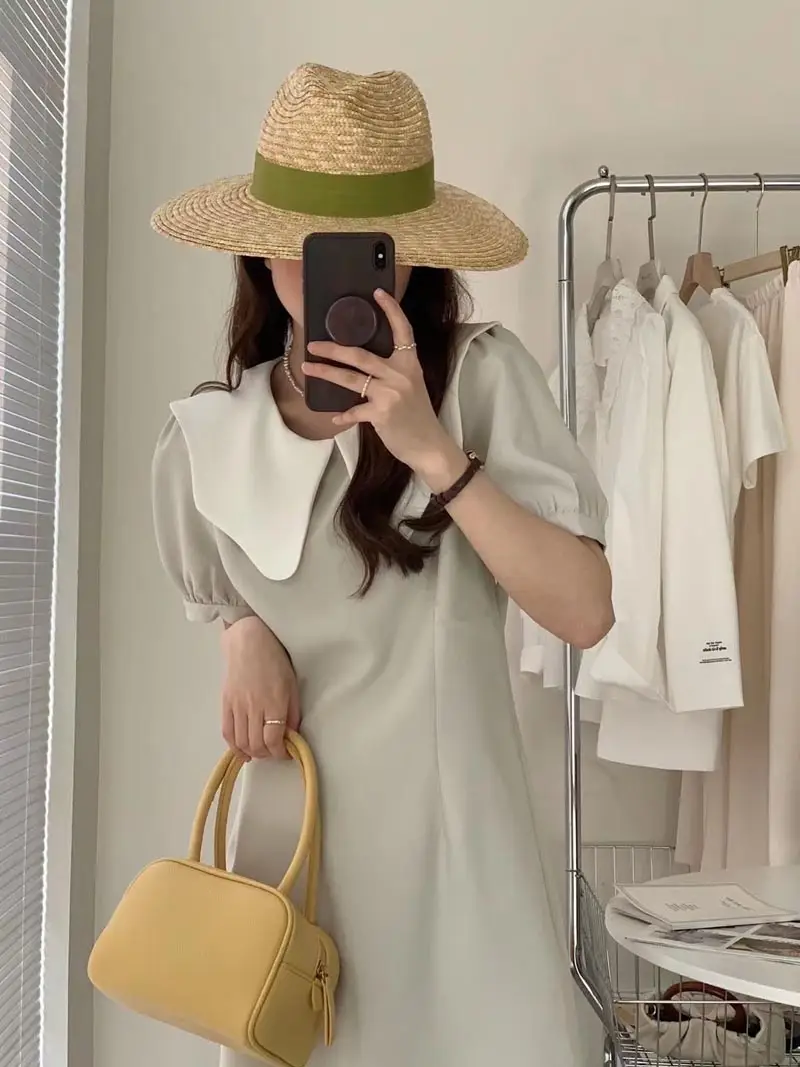 여성용 파도 넥라인 컬러 블록 원피스 상세 이미지 4