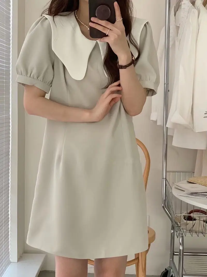 여성용 파도 넥라인 컬러 블록 원피스 상세 이미지 5