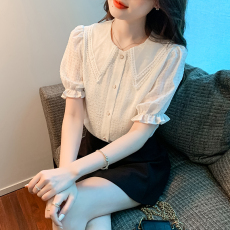 批发实拍~2026夏新款蕾丝娃娃领泡泡袖短袖白色雪纺薄衬衫<b class='q'>甜美</b>女