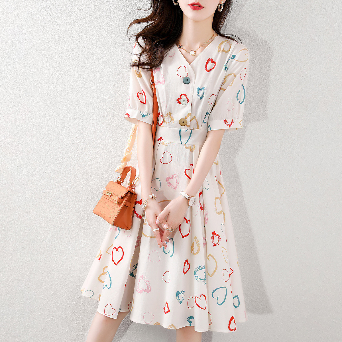 PF12983#夏季新款时尚女韩版超仙简约爱心印花V领短袖减龄洋气连衣裙
