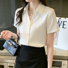 批发实拍白色真丝<b class='q'>衬衫</b>女法式高端气质polo领职业修身百搭缎面小衫上衣