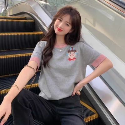 卡通刺绣灰色t恤女夏季设计感小众宽松韩版潮ins针织短袖上衣学生