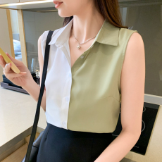 批发实拍洋气拼接夏季坎肩背心女外穿衬衫<b class='q'>无袖</b>雪纺打底衫内搭上衣