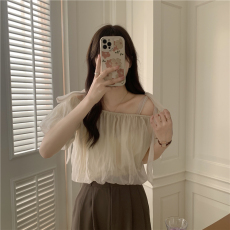 批发实拍实价  新款一字肩绑带<b class='q'>小衫</b>朦胧感蓬蓬短袖雪纺衬衫女上衣