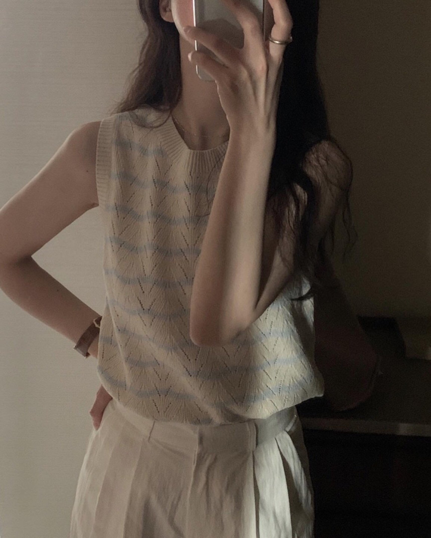 있음 선적 프랑스식 느긋한 연령 감소 작은 대중 홀로우 아웃 물결무늬 곡물 루즈핏 다용도 니트 민소매 조끼 삼색