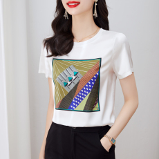 批发重磅仿<b class='q'>缎面</b>真丝2026新款数码印花宽松圆领韩版时尚T恤上衣