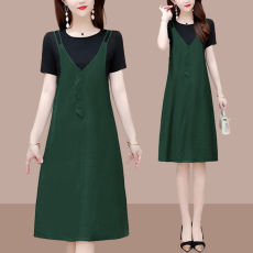 批发假两件休闲<b class='q'>连衣裙</b>女2025夏季新款中年妈妈装时尚收腰宽松遮肚裙子