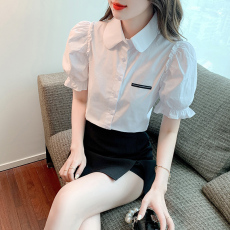 批发2026夏季新款衬衫百搭小标花边泡泡袖纯色<b class='q'>短袖</b>衬衣女