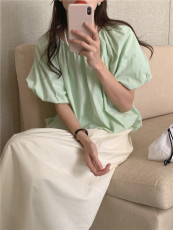 实拍实价 韩版圆领甜美可爱短款灯笼袖短袖衬衫 2色现货