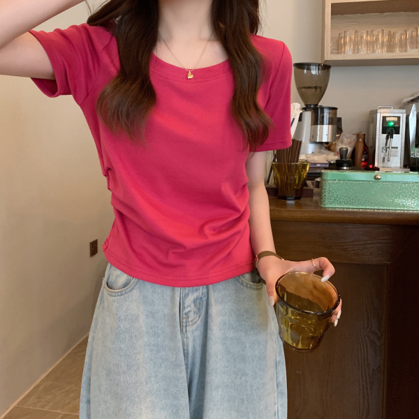 KM10634#夏季新款韩版高腰短款糖果色不规则修身短袖T恤上衣女潮