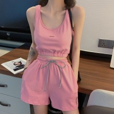 批发休闲运动服套装女2023新款时尚瑜伽健身房跑步背心短裤修身两件套