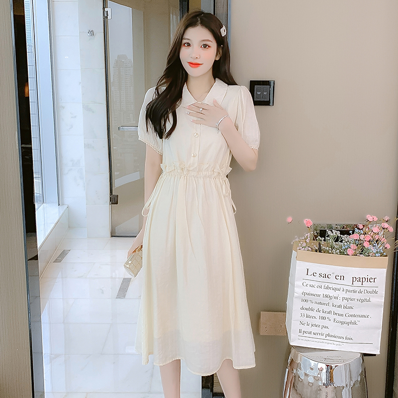 실사 새로운 베이비 칼라 허리 수축 드레스 레트로 센 부서 작은 키 여성 드레스