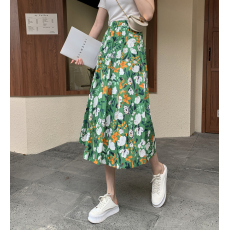 实拍2026棉麻褶皱感复古赫本风伞裙女中长款高腰半身裙 碎花裙