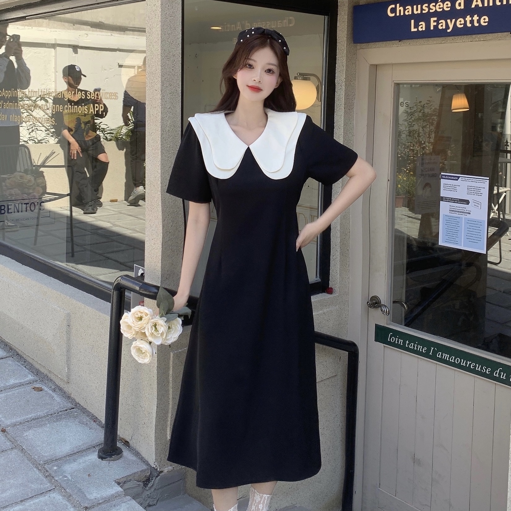 달콤함 한국 스타일 롱 코트 이중층 인형 폴로 칼라 2025 년 여성 여름 드레스 새로운 슬림해 보이는 드레스