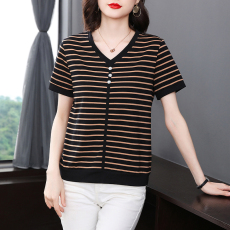 批发纯棉短袖T恤女2026夏装<b class='q'>大码</b><b class='q'>中年</b>妈妈条纹上衣V领宽松洋气小衫女