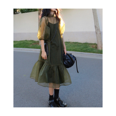 大码女装法式绿色连衣裙子套装欧根纱2022夏季新款长裙两件套